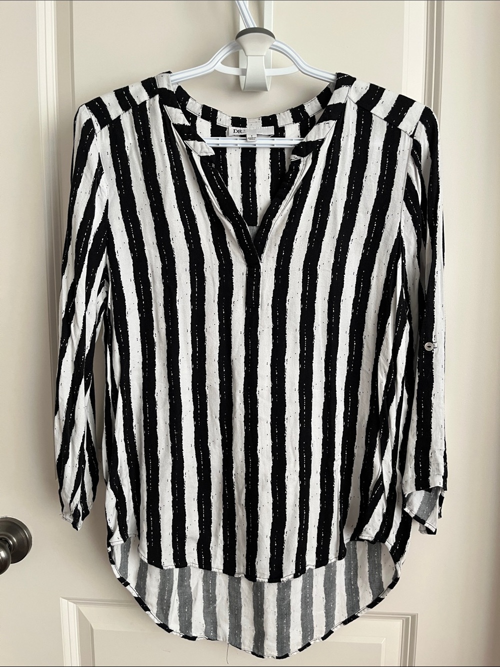 Striped V-Neck Button-Sleeve Women's Top - Black & White